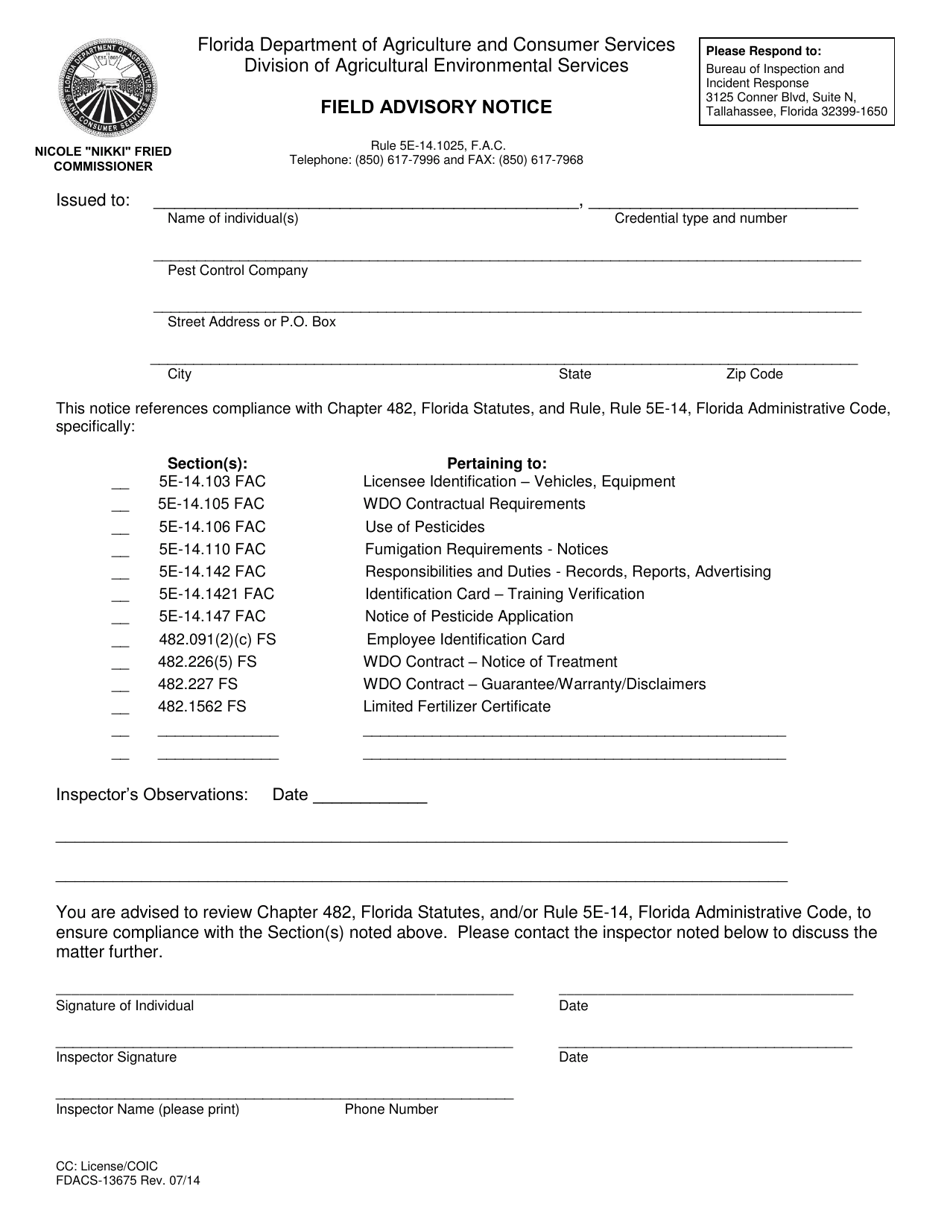 Form FDACS-13675 Field Advisory Notice - Florida, Page 1