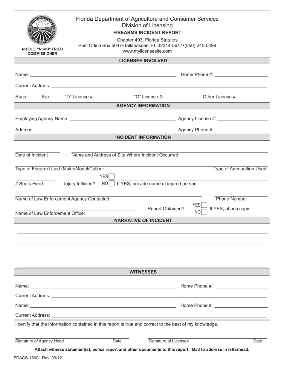 Form FDACS-16001 Firearms Incident Report - Florida, Page 1