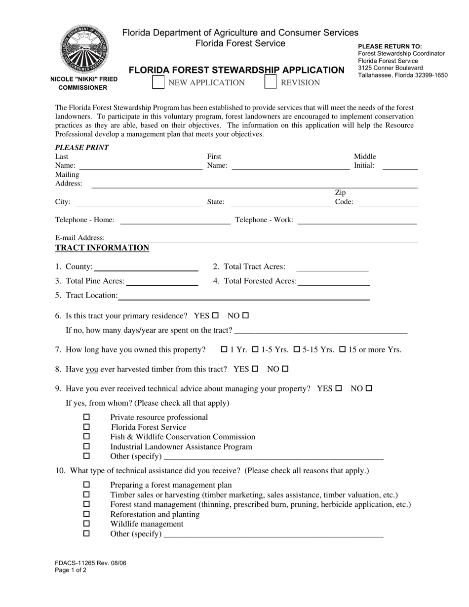 Form FDACS-11265 Florida Forest Stewardship Application - Florida, Page 1