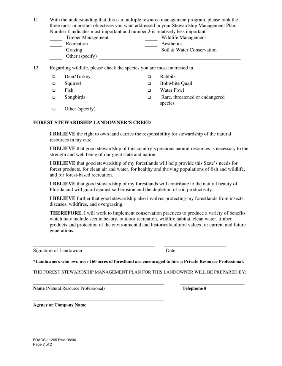 Form FDACS-11265 Florida Forest Stewardship Application - Florida, Page 2