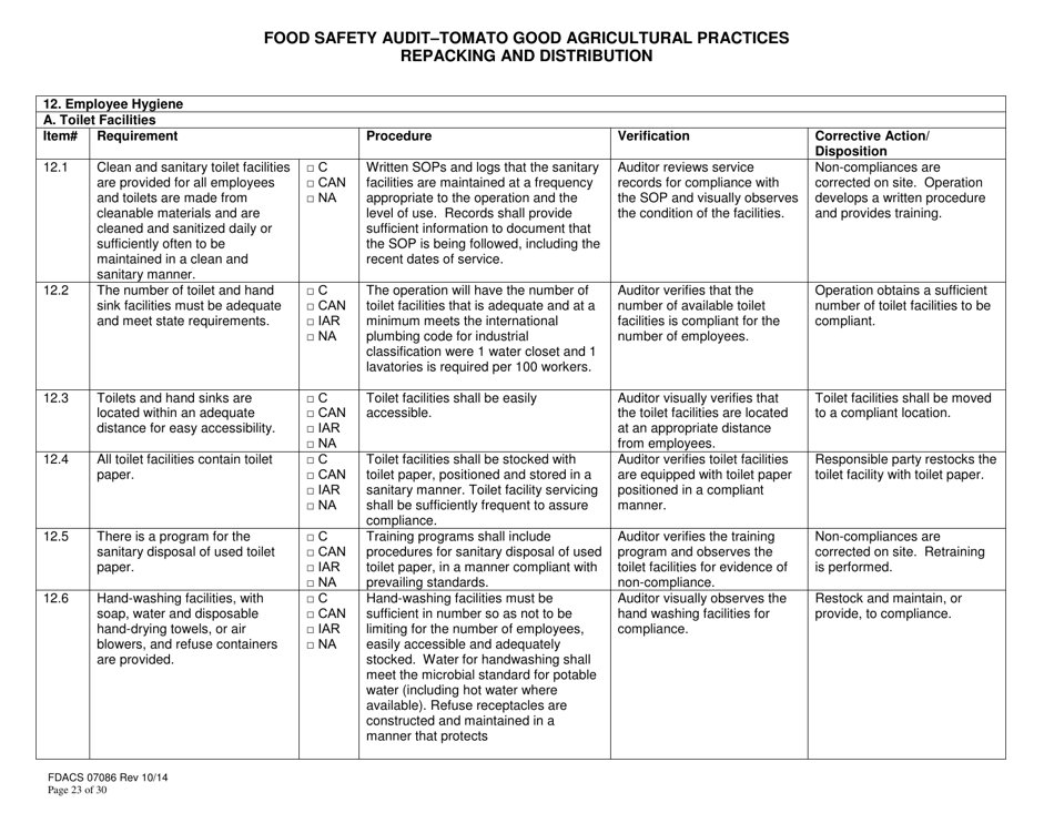 Form FDACS-07086 Food Safety Audit-Tomato Good Agricultural Practices Repacking and Distribution - Florida, Page 23