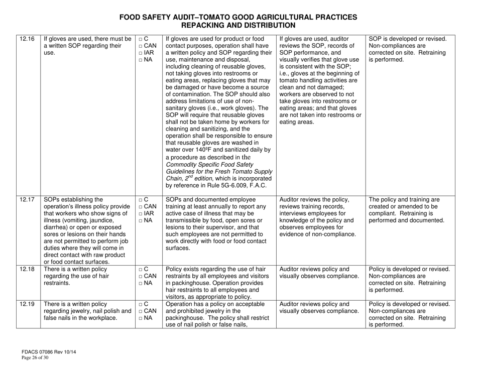 Form FDACS-07086 Food Safety Audit-Tomato Good Agricultural Practices Repacking and Distribution - Florida, Page 26