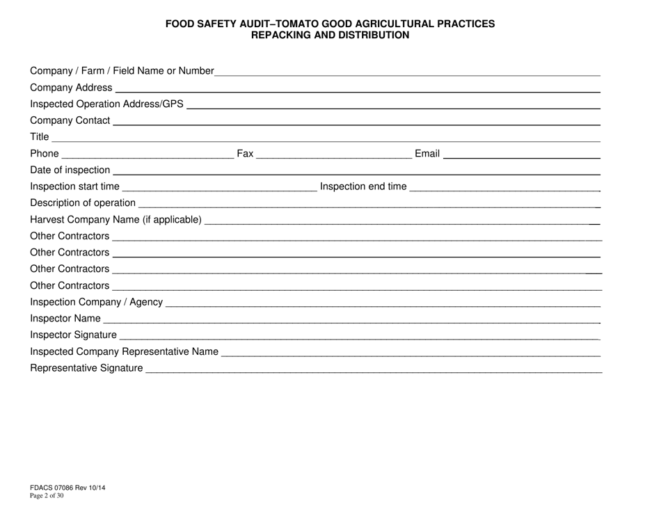 Form FDACS-07086 Food Safety Audit-Tomato Good Agricultural Practices Repacking and Distribution - Florida, Page 2