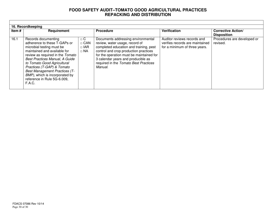 Form FDACS-07086 Food Safety Audit-Tomato Good Agricultural Practices Repacking and Distribution - Florida, Page 30