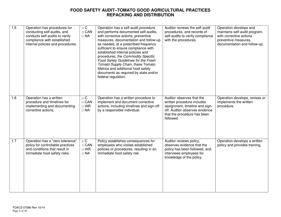 Form FDACS-07086 Food Safety Audit-Tomato Good Agricultural Practices Repacking and Distribution - Florida, Page 5