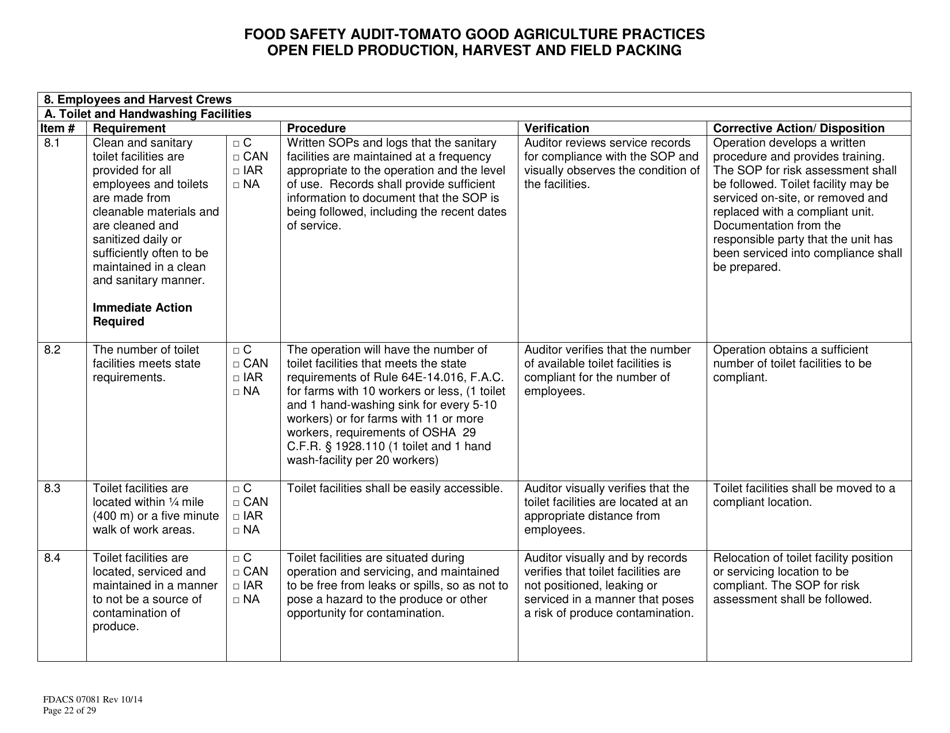 Form FDACS07081 Food Safety Audit-Tomato Good Agricultural Practices, Open Field Production, Harvest and Field Pack - Florida, Page 22