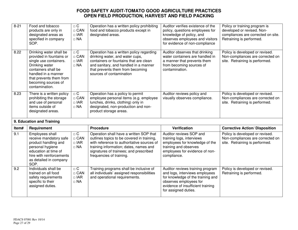 Form FDACS07081 Food Safety Audit-Tomato Good Agricultural Practices, Open Field Production, Harvest and Field Pack - Florida, Page 27
