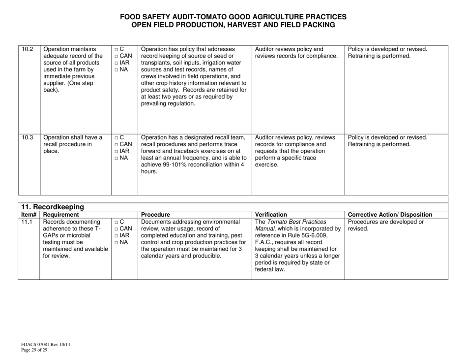 Form FDACS07081 Food Safety Audit-Tomato Good Agricultural Practices, Open Field Production, Harvest and Field Pack - Florida, Page 29
