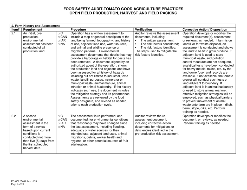 Form FDACS07081 Food Safety Audit-Tomato Good Agricultural Practices, Open Field Production, Harvest and Field Pack - Florida, Page 6