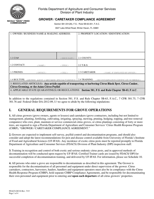 Form FDACS-08316 Grower / Caretaker Compliance Agreement - Florida