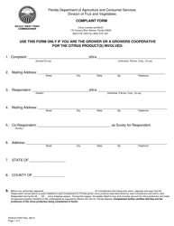 Document preview: Form FDACS-07057 Grower Complaint Form - Florida
