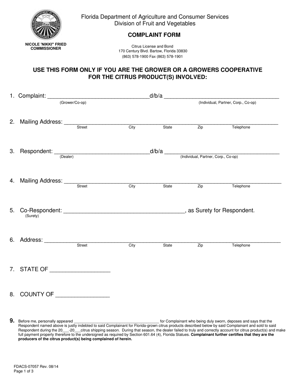Form FDACS-07057 Grower Complaint Form - Florida, Page 1