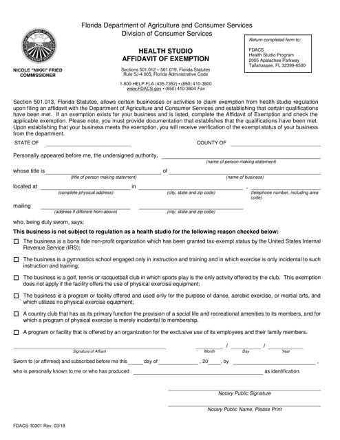 Form FDACS-10301 Health Studio Affidavit of Exemption - Florida