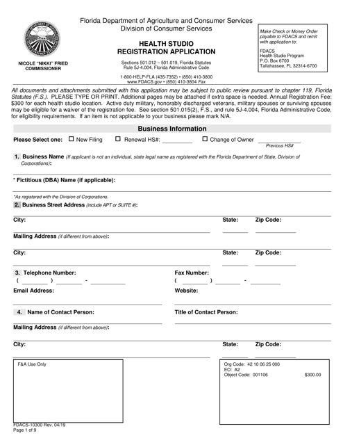 Form FDACS-10300 Health Studio Registration Application - Florida