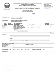 Document preview: Form FDACS-09243 Health Certificate Processing Request - Florida