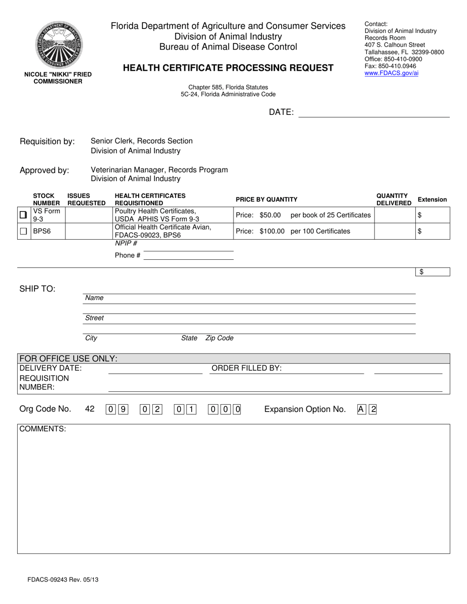 Form FDACS-09243 Health Certificate Processing Request - Florida, Page 1