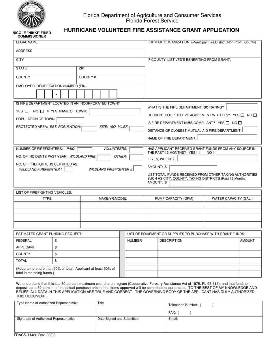 Form FDACS-11480 Hurricane Volunteer Fire Assistance Grant Application - Florida, Page 1
