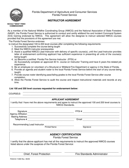 Form FDACS-11486 Instructor Agreement - Florida