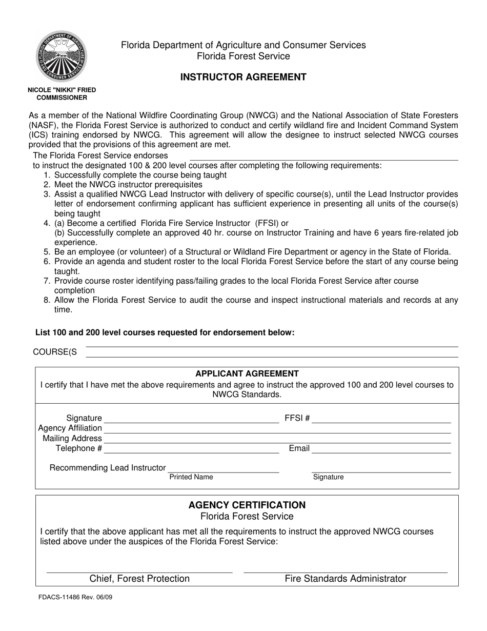 Form FDACS-11486 Instructor Agreement - Florida, Page 1
