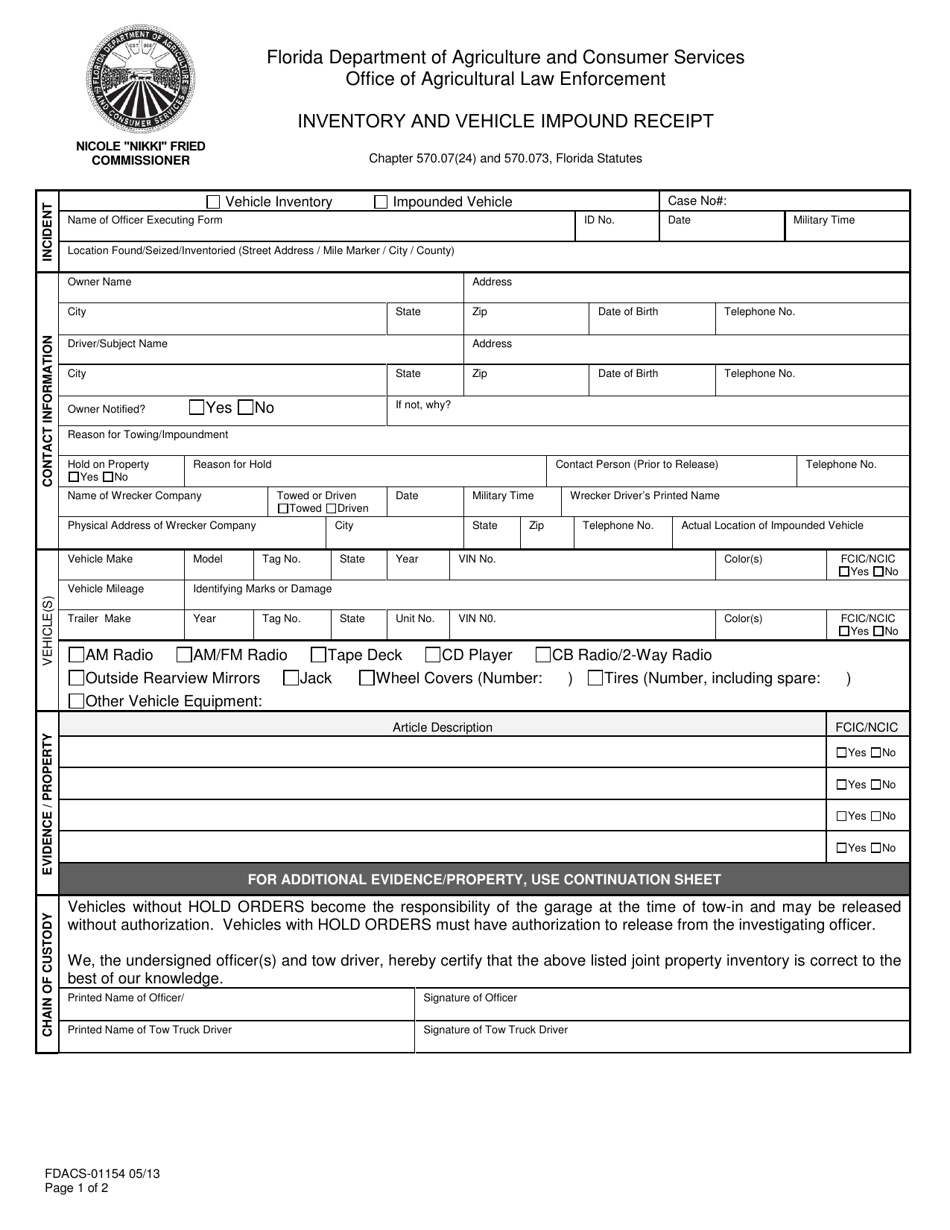 Form FDACS-01154 Inventory and Vehicle Impound Receipt - Florida, Page 1