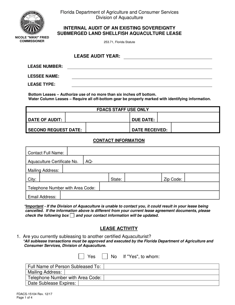 Form FDACS-15104 Internal Audit of an Existing Sovereignty Submerged Land Shellfish Aquaculture Lease - Florida, Page 1