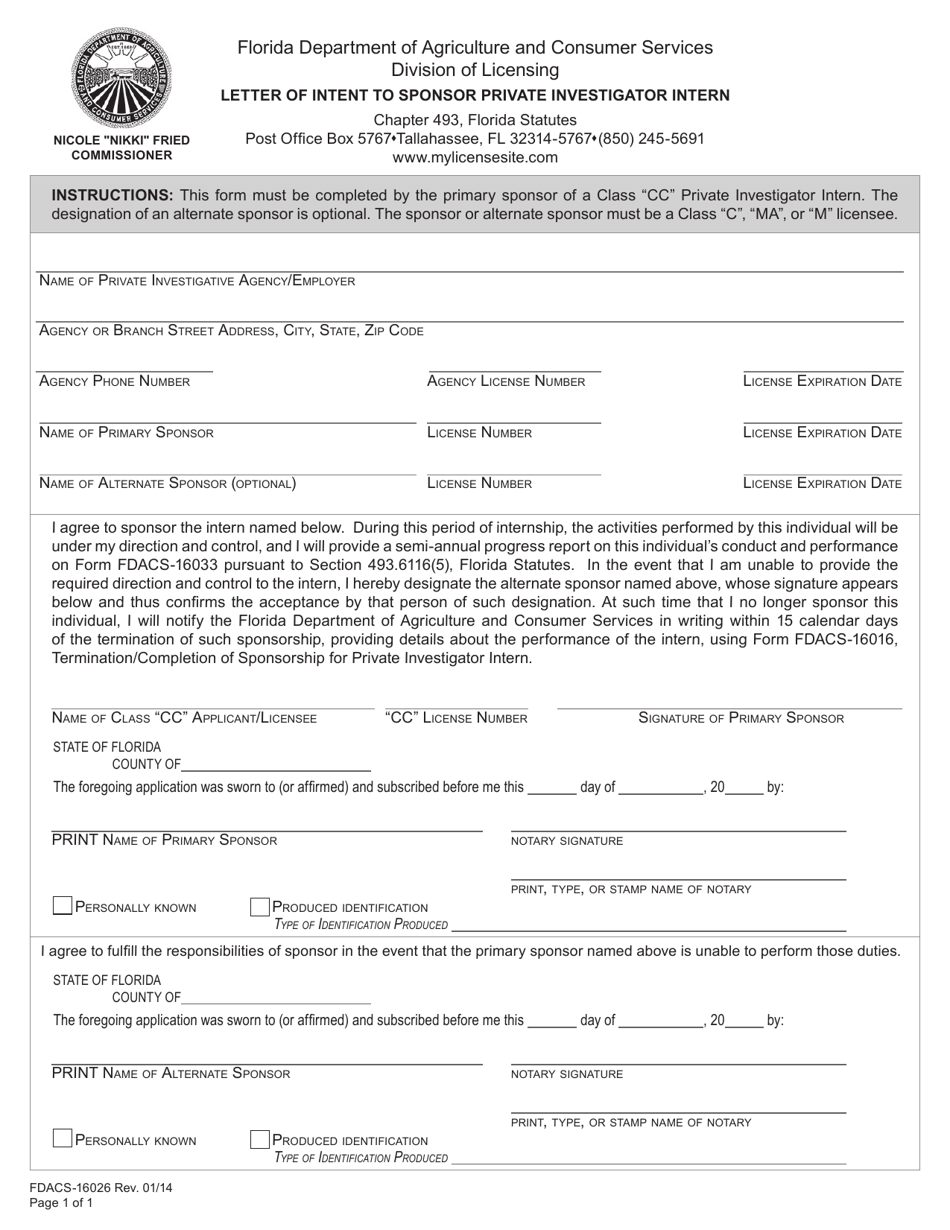 Form FDACS-16026 Letter of Intent to Sponsor for Private Investigator Intern - Florida, Page 1