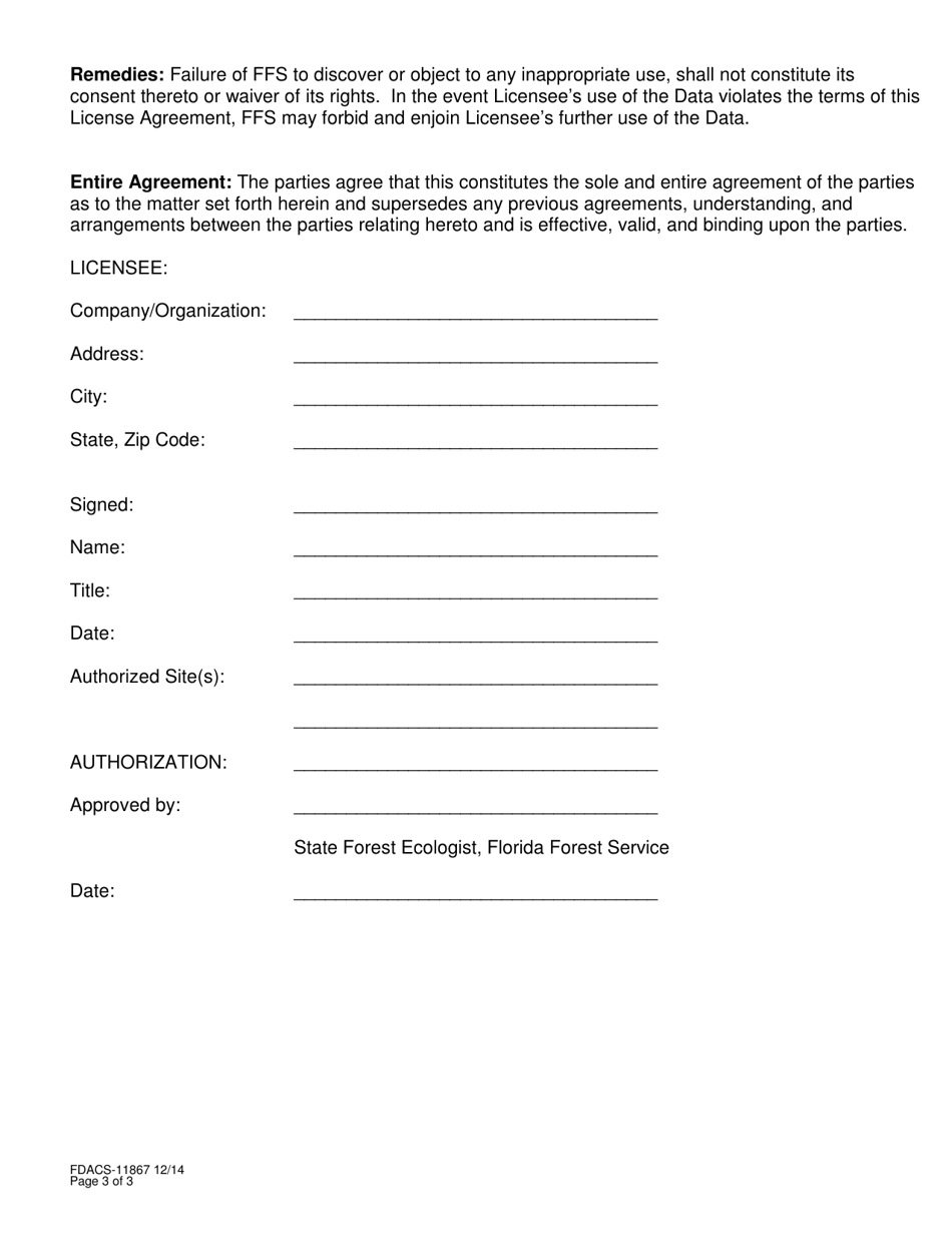 Form FDACS-11867 Longleaf Pine Ecosystem Geodatabase Data License Agreement - Florida, Page 3