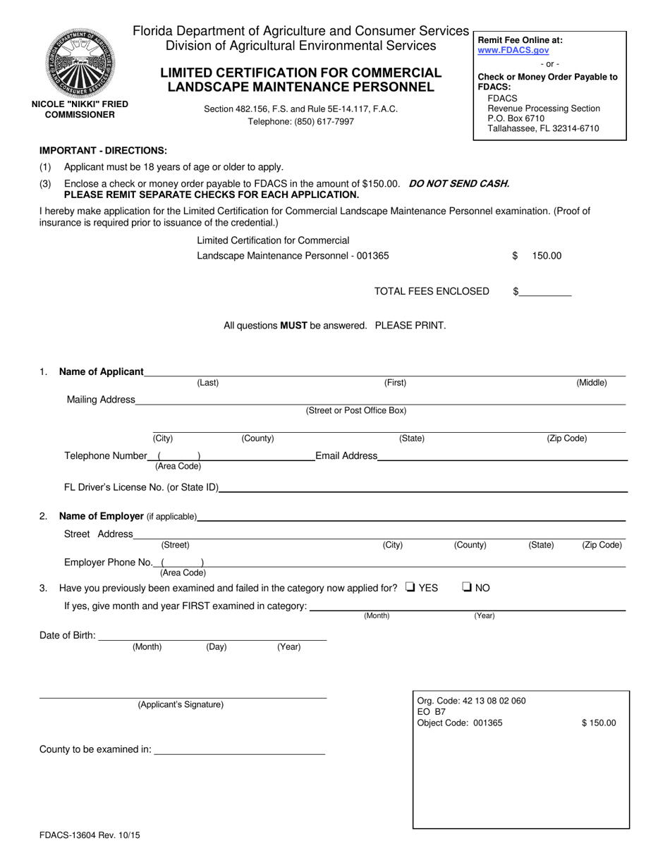 Form FDACS-13604 Limited Certification for Commercial Landscape Maintenance Personnel - Florida, Page 1