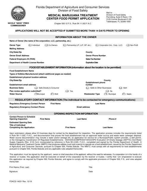 Form FDACS-14031 Medical Marijuana Treatment Center Food Permit Application - Florida