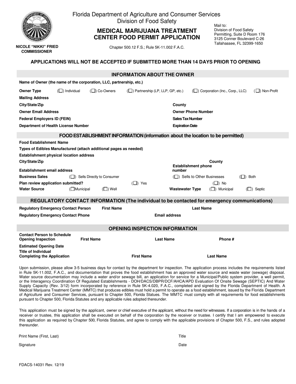 Form FDACS-14031 Medical Marijuana Treatment Center Food Permit Application - Florida, Page 1
