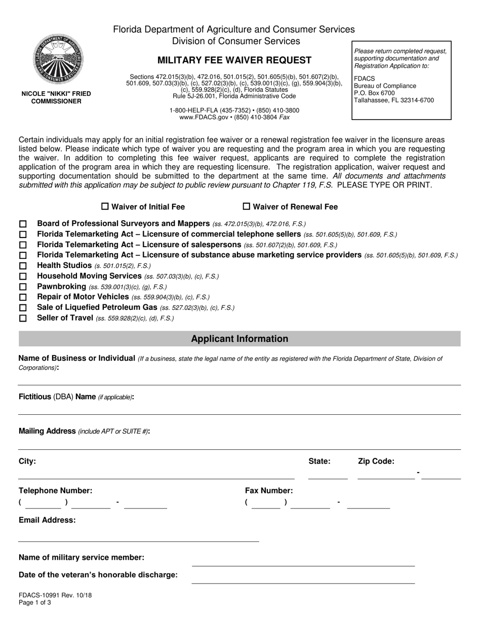 Form FDACS-10991 Military Fee Waiver Request - Florida, Page 1