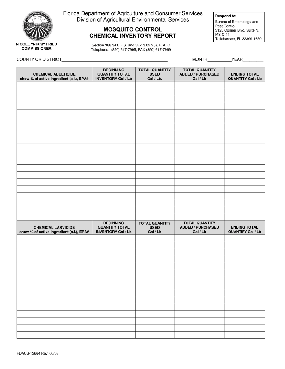 Form FDACS-13664 Mosquito Control Chemical Inventory Report - Florida, Page 1
