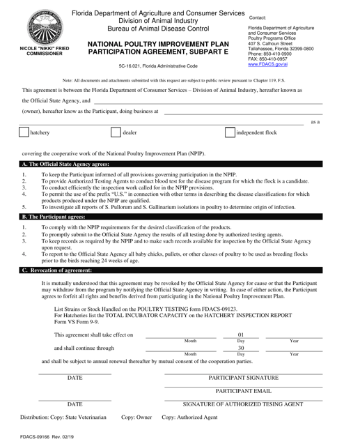 Form FDACS-09166 National Poultry Improvement Plan Participation Agreement, Subpart E - Florida