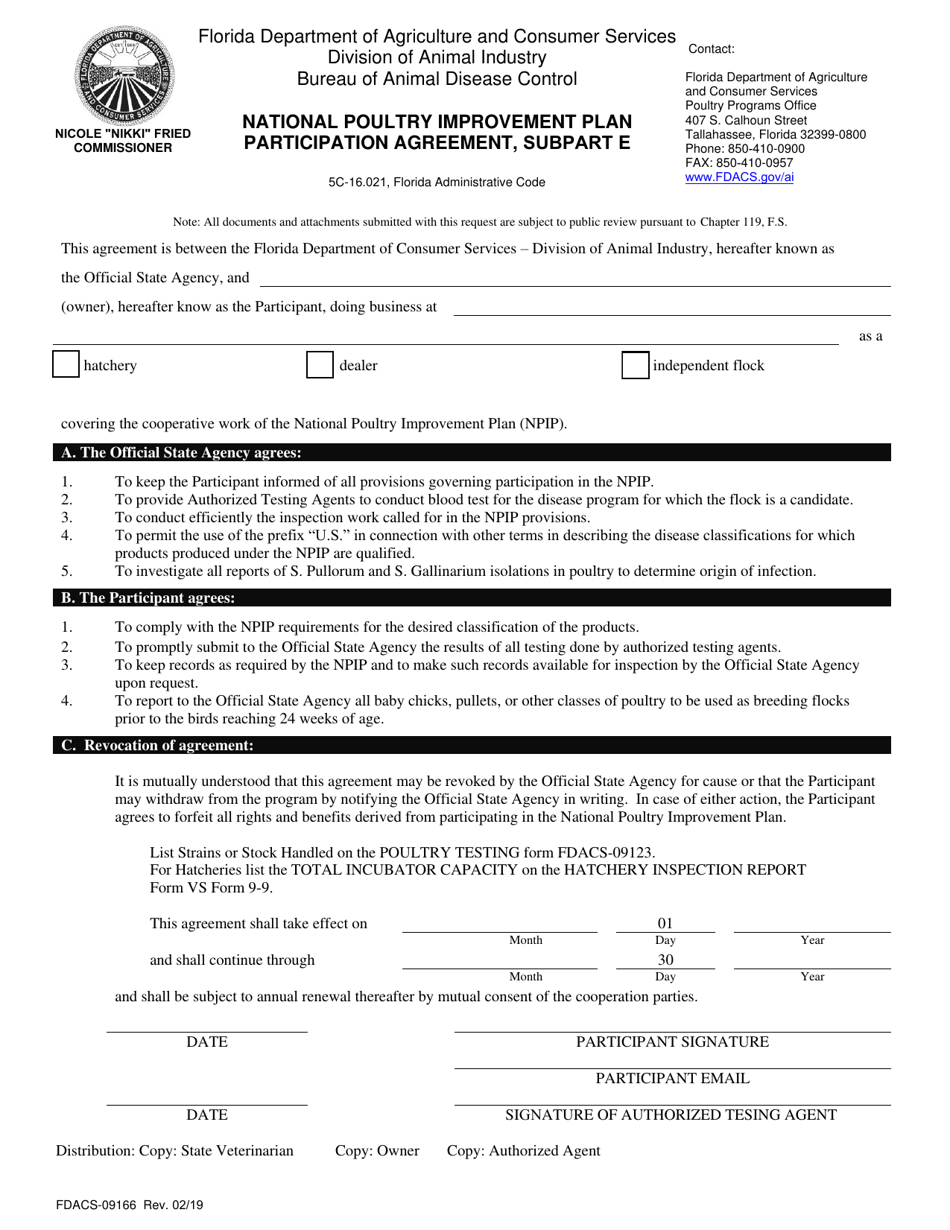 Form FDACS-09166 National Poultry Improvement Plan Participation Agreement, Subpart E - Florida, Page 1