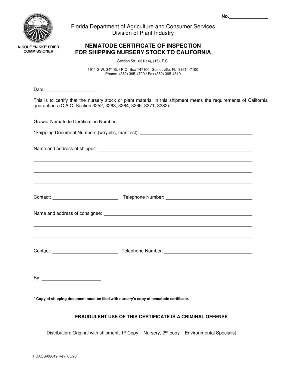 Form FDACS-08049 Nematode Certificate of Inspection for Shipping Nursery Stock to California - Florida, Page 1