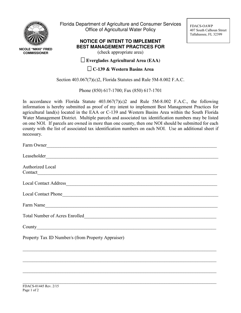 Form FDACS-01445 Notice of Intent to Implement Best Management Practices for Eaa or C-139  Western Basins Area - Florida, Page 1