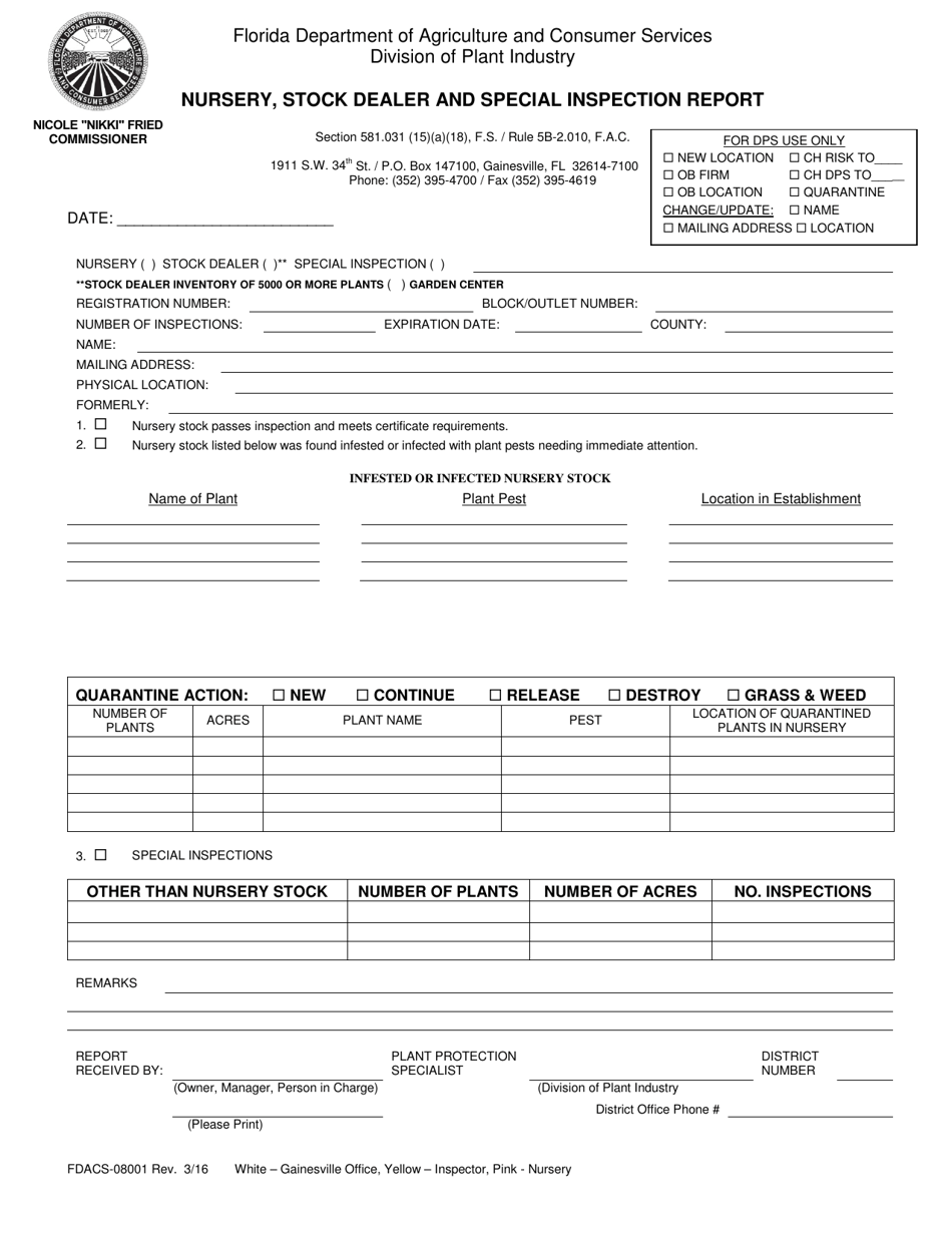 Form FDACS-08001 Nursery, Stock Dealer and Special Inspection Report - Florida, Page 1