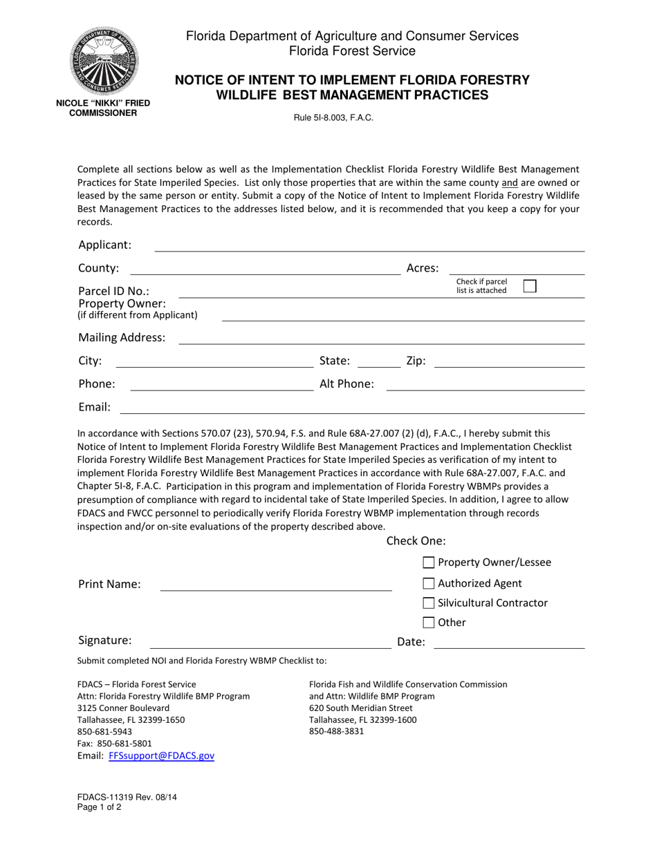 Form FDACS-11319 Notice of Intent to Implement Florida Forestry Wildlife Best Management Practices - Florida, Page 1