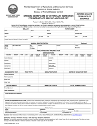 Document preview: Form FDACS-09085 Official Certificate of Veterinary Inspection for Intrastate Sale of a Dog or Cat - Florida