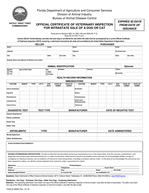 Form FDACS-09085 Official Certificate of Veterinary Inspection for Intrastate Sale of a Dog or Cat - Florida