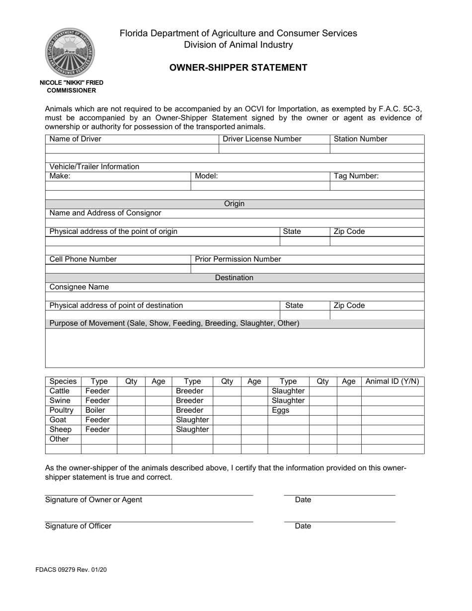 Form FDACS09279 Owner-Shipper Statement - Florida, Page 1