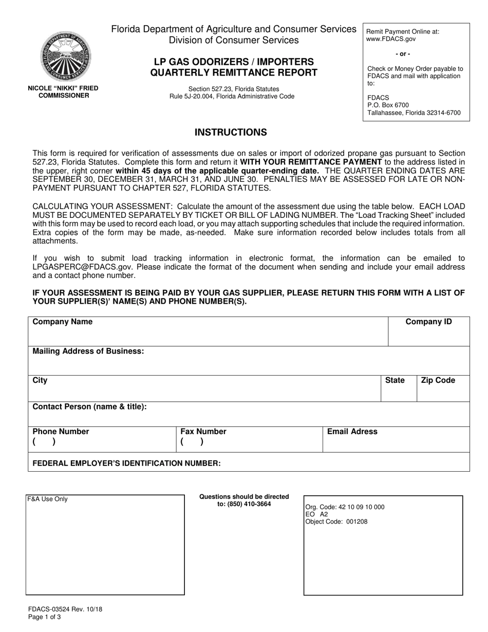Form FDACS-03524 Lp Gas Odorizers / Importers Quarterly Remittance Report - Florida, Page 1