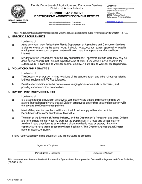 Form FDACS-09251 Outside Employment Restrictions Acknowledgement Receipt - Florida