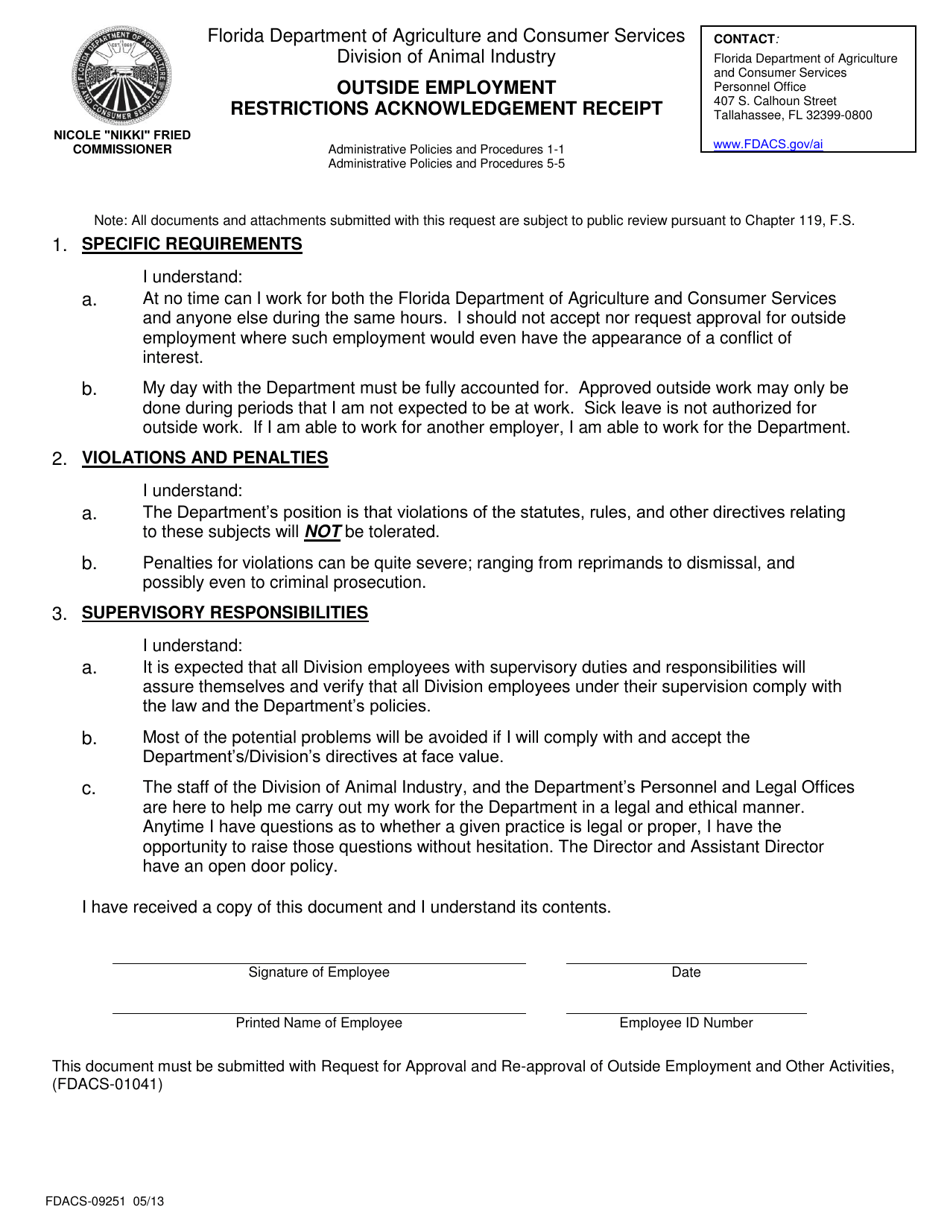 Form FDACS-09251 Outside Employment Restrictions Acknowledgement Receipt - Florida, Page 1