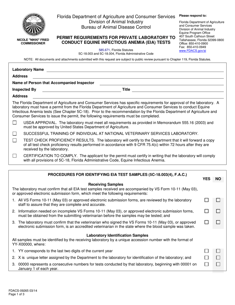 Form FDACS-09265 Permit Requirements for Private Laboratory to Conduct Equine Infectious Anemia (Eia) Tests - Florida, Page 1