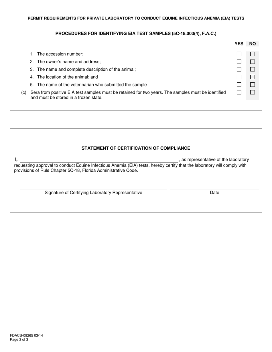 Form FDACS-09265 Permit Requirements for Private Laboratory to Conduct Equine Infectious Anemia (Eia) Tests - Florida, Page 3