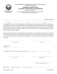 Document preview: Form DACS-16009 Personal Inquiry Waiver Authority for Release of Information - Florida