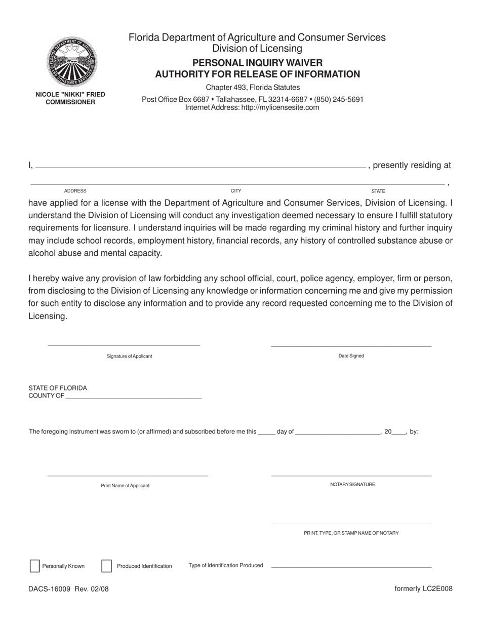 Form DACS-16009 Personal Inquiry Waiver Authority for Release of Information - Florida, Page 1