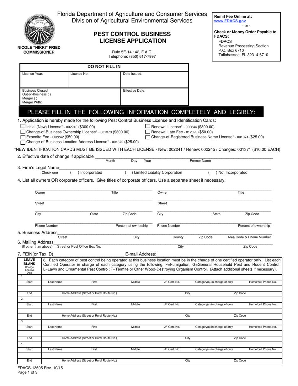 Form FDACS-13605 Pest Control Business License Application - Florida, Page 1