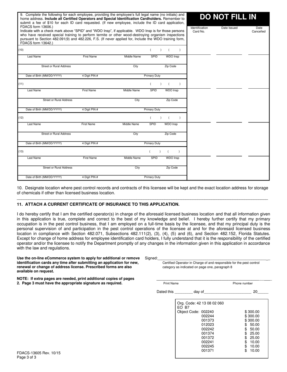 Form FDACS-13605 Pest Control Business License Application - Florida, Page 3